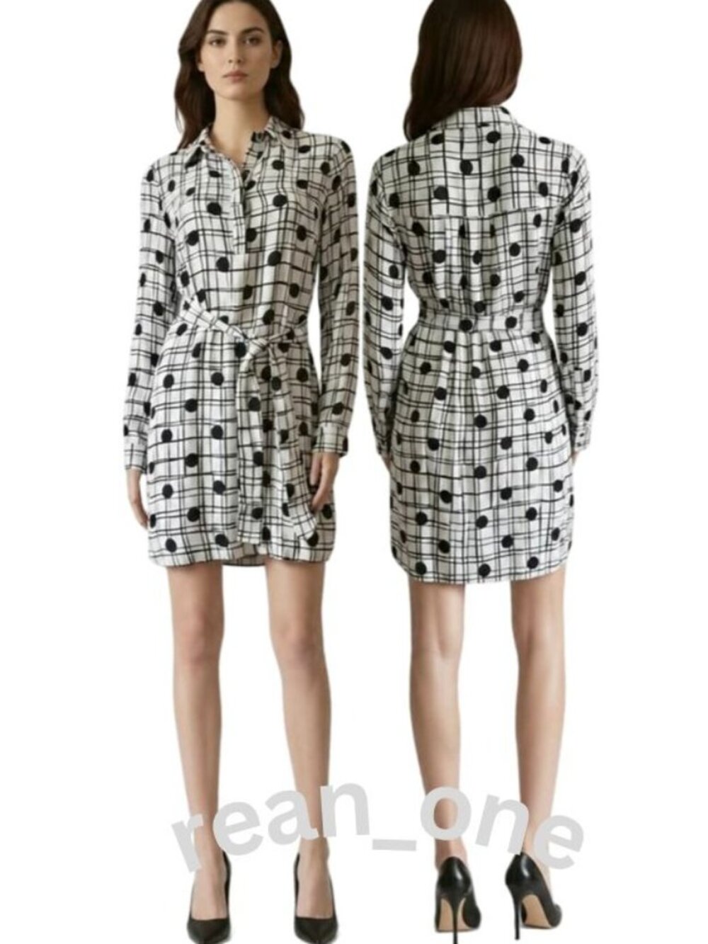 Cynthia Steffe Women's Navy Blue Polka Dot Plaid White Shirt Shift Dress Size 2